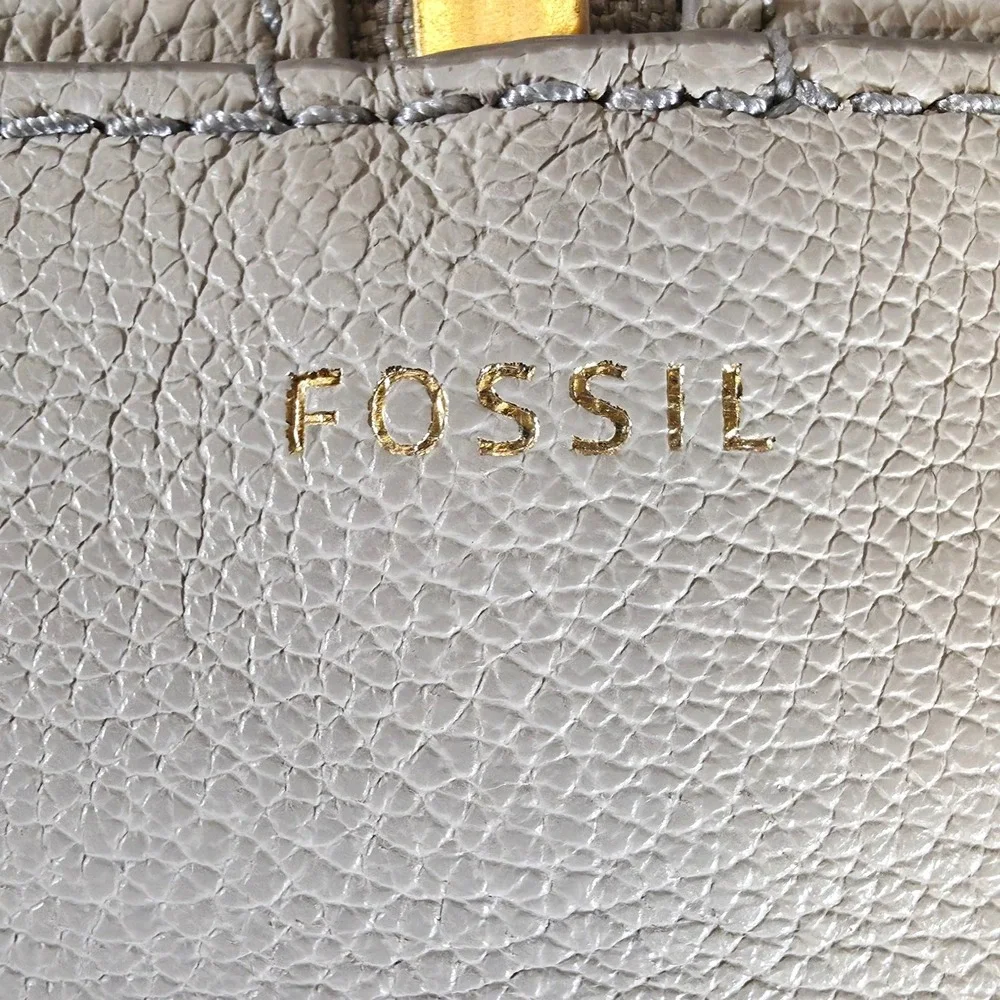 Fossil Jori Large Satchel Purse Gray White Leather Handbag Top Handle Bag w/ Key